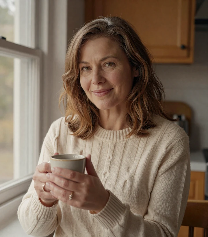 Mature American woman in her early fifties smiling warmly by a sunlit kitchen window on a mature dating platform